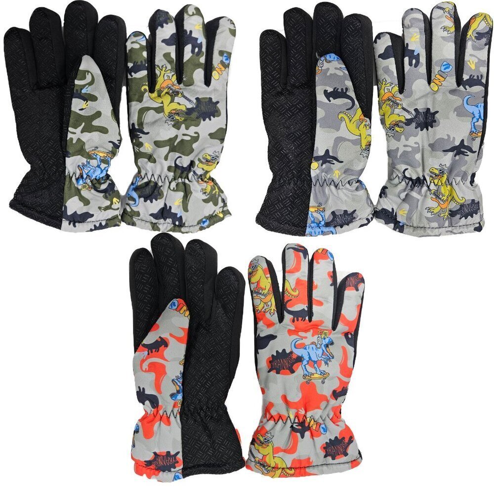 3 Pairs Kids Winter Gloves Boys Girls Ski Glove Faux Fur Lined Dinosaur Designs